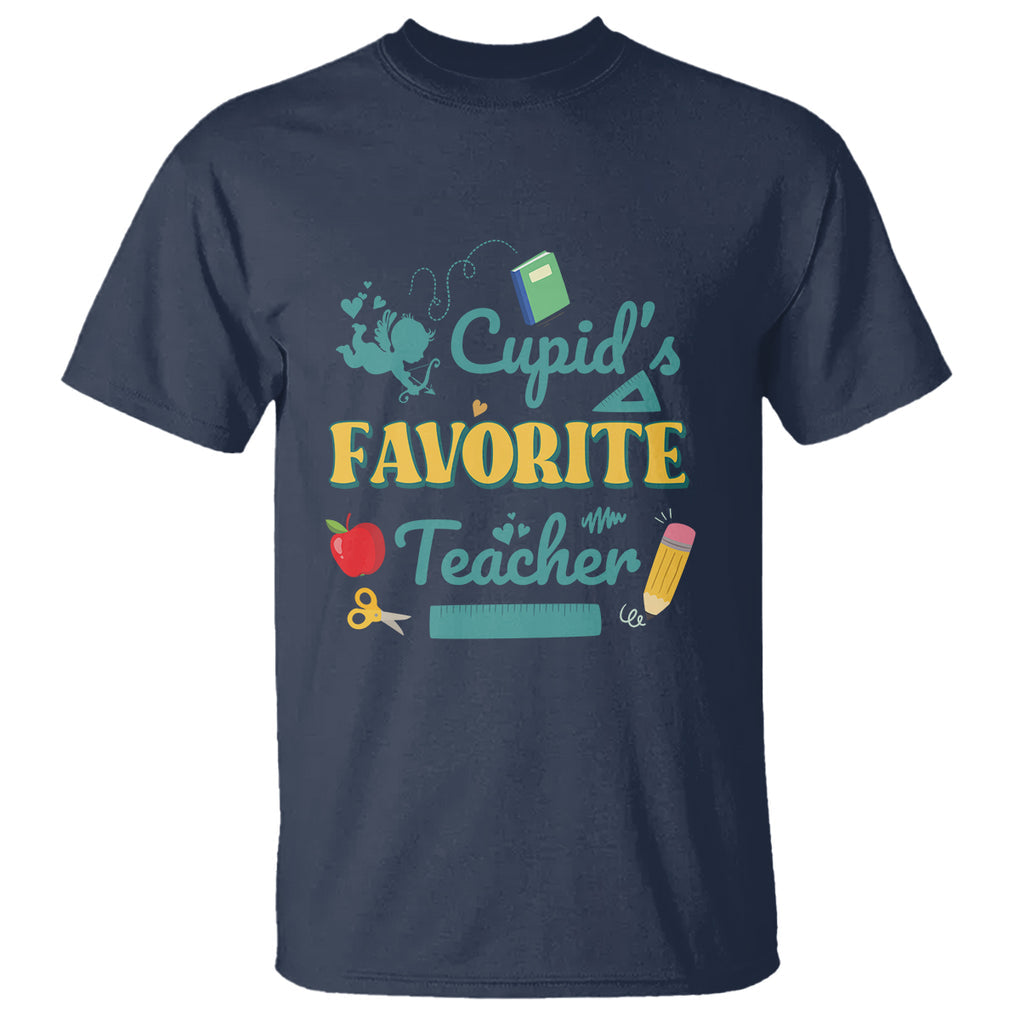 Teacher Valentines Day T Shirt Cupid's Favorite Teacher Groovy Retro Funny Teaching Life TS02 Navy Printyourwear