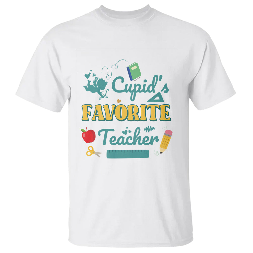 Teacher Valentines Day T Shirt Cupid's Favorite Teacher Groovy Retro Funny Teaching Life TS02 White Printyourwear