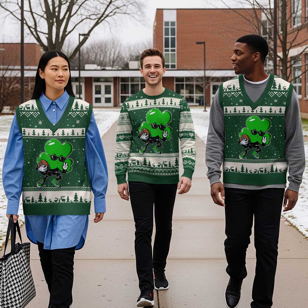 St Patricks Day Shamrock Playing Football V-Neck Knit Sweater Vest Cute Gift for Sports Lovers TS02 Forest Green Beige Print Your Wear