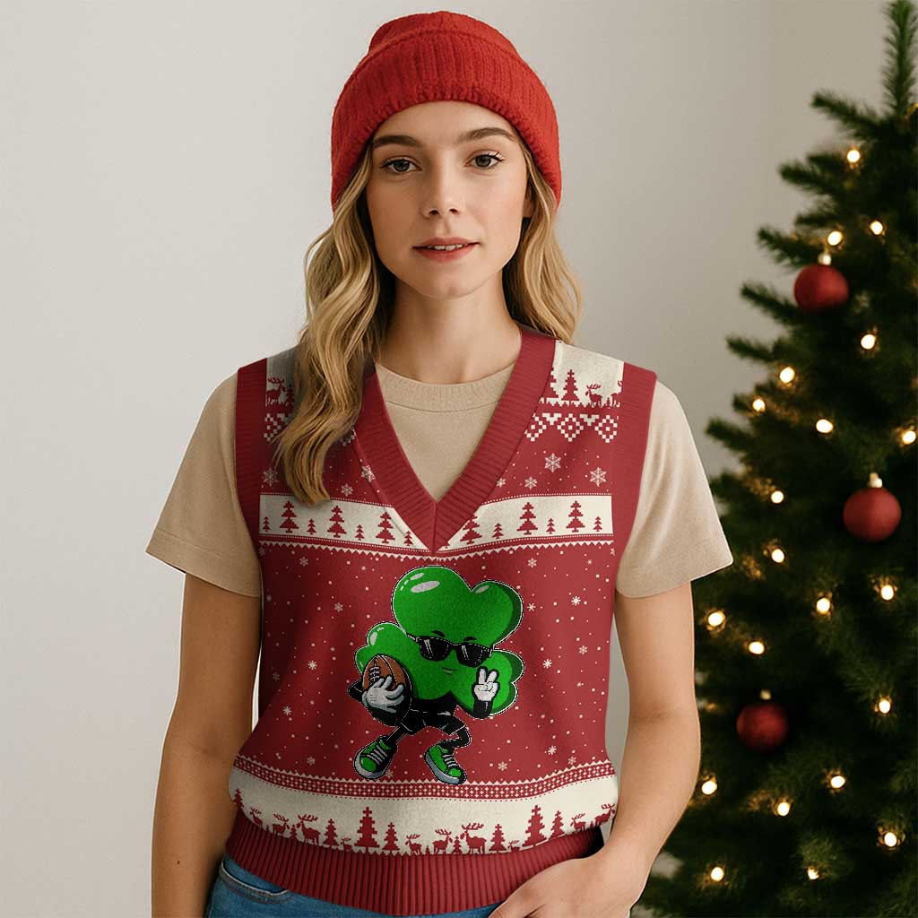 St Patricks Day Shamrock Playing Football V-Neck Knit Sweater Vest Cute Gift for Sports Lovers TS02 Red Beige Print Your Wear