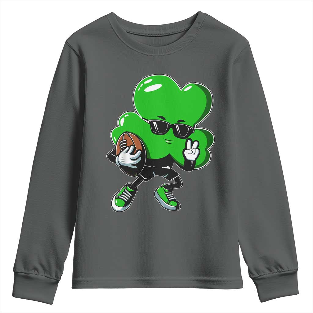 St Patricks Day Shamrock Playing Football Youth Sweatshirt Cute Gift for Sports Lovers TS02 Dark Heather Print Your Wear