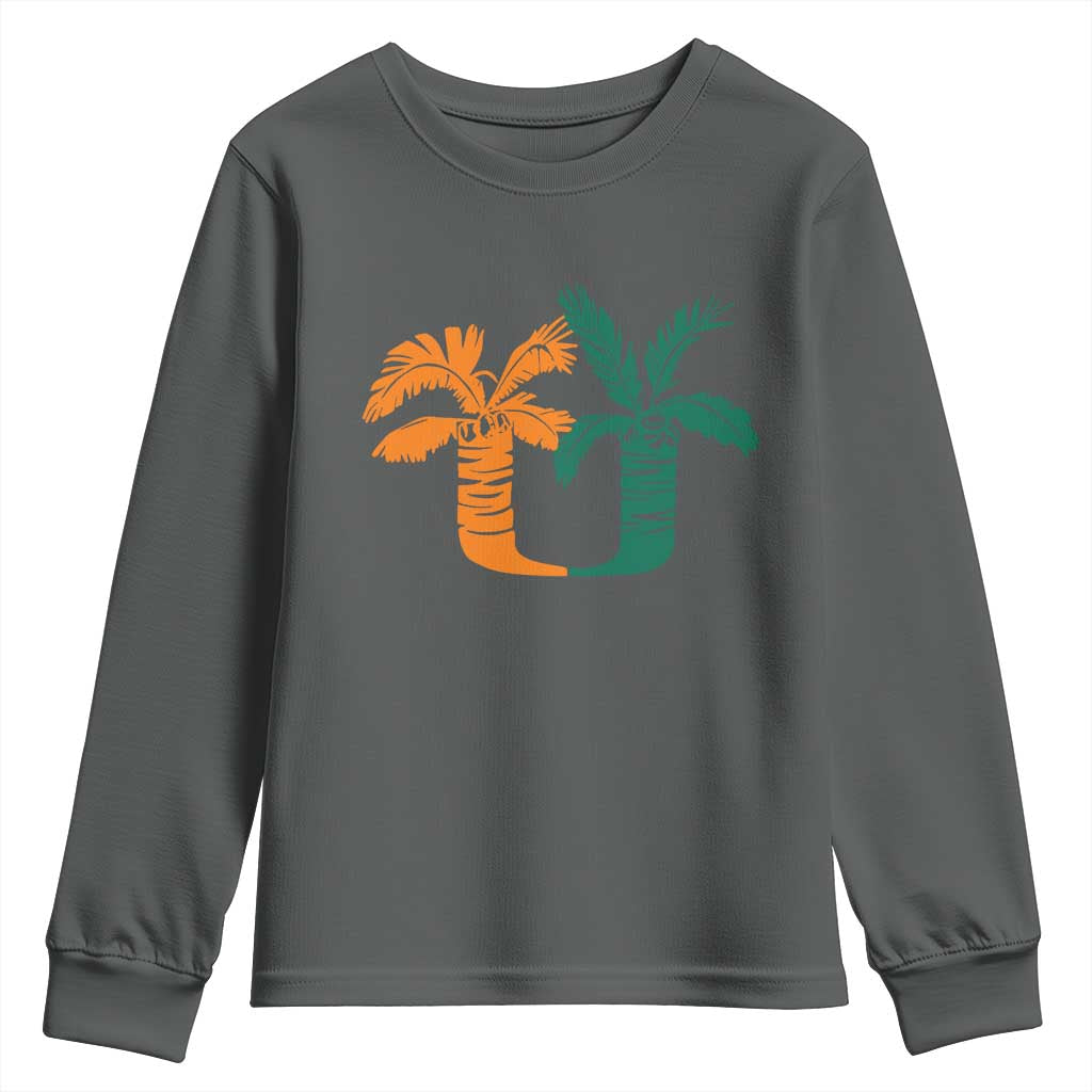 Vintage Classic 90s Miami Palm Trees UM Youth Sweatshirt Tropical Game Day Football Fan TS02 Dark Heather Print Your Wear