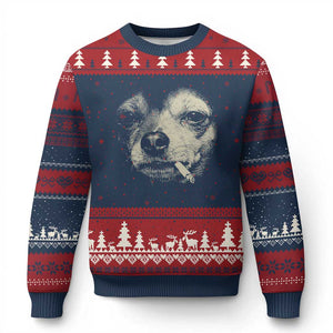 Funny Chihuahua Smoking Cigarette Meme Ugly Christmas Sweater Gritty Ironic Dog Graphic for Dark Humor Lovers TS02 Navy Red Print Your Wear