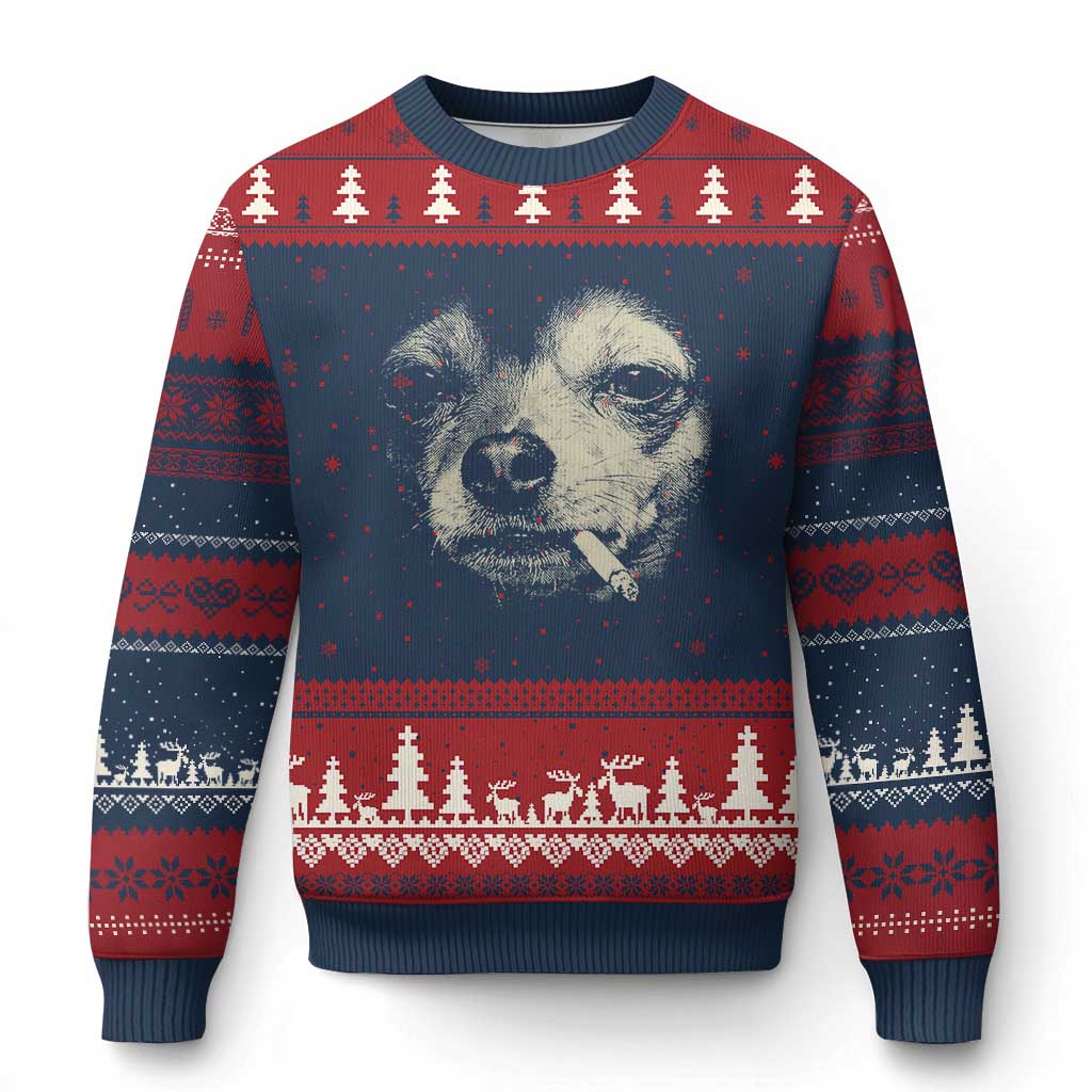 Funny Chihuahua Smoking Cigarette Meme Ugly Christmas Sweater Gritty Ironic Dog Graphic for Dark Humor Lovers TS02 Navy Red Print Your Wear
