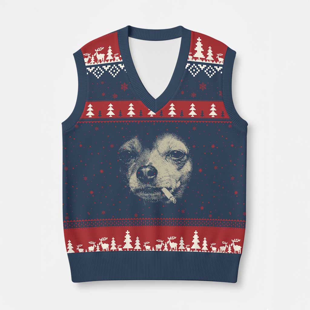 Funny Chihuahua Smoking Cigarette Meme V-Neck Knit Sweater Vest Gritty Ironic Dog Graphic for Dark Humor Lovers TS02 Navy Red Print Your Wear
