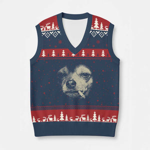 Funny Chihuahua Smoking Cigarette Meme V-Neck Knit Sweater Vest Gritty Ironic Dog Graphic for Dark Humor Lovers TS02 Navy Red Print Your Wear