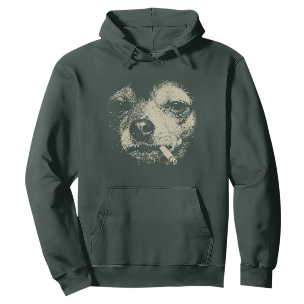 Funny Chihuahua Smoking Cigarette Meme Hoodie Gritty Ironic Dog Graphic for Dark Humor Lovers TS02 Dark Forest Green Print Your Wear