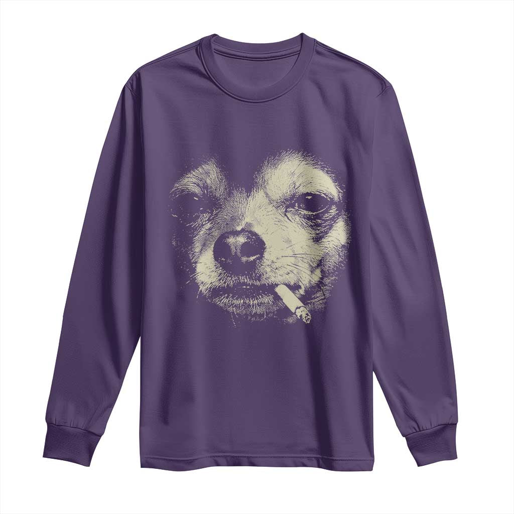 Funny Chihuahua Smoking Cigarette Meme Long Sleeve Shirt Gritty Ironic Dog Graphic for Dark Humor Lovers TS02 Purple Print Your Wear