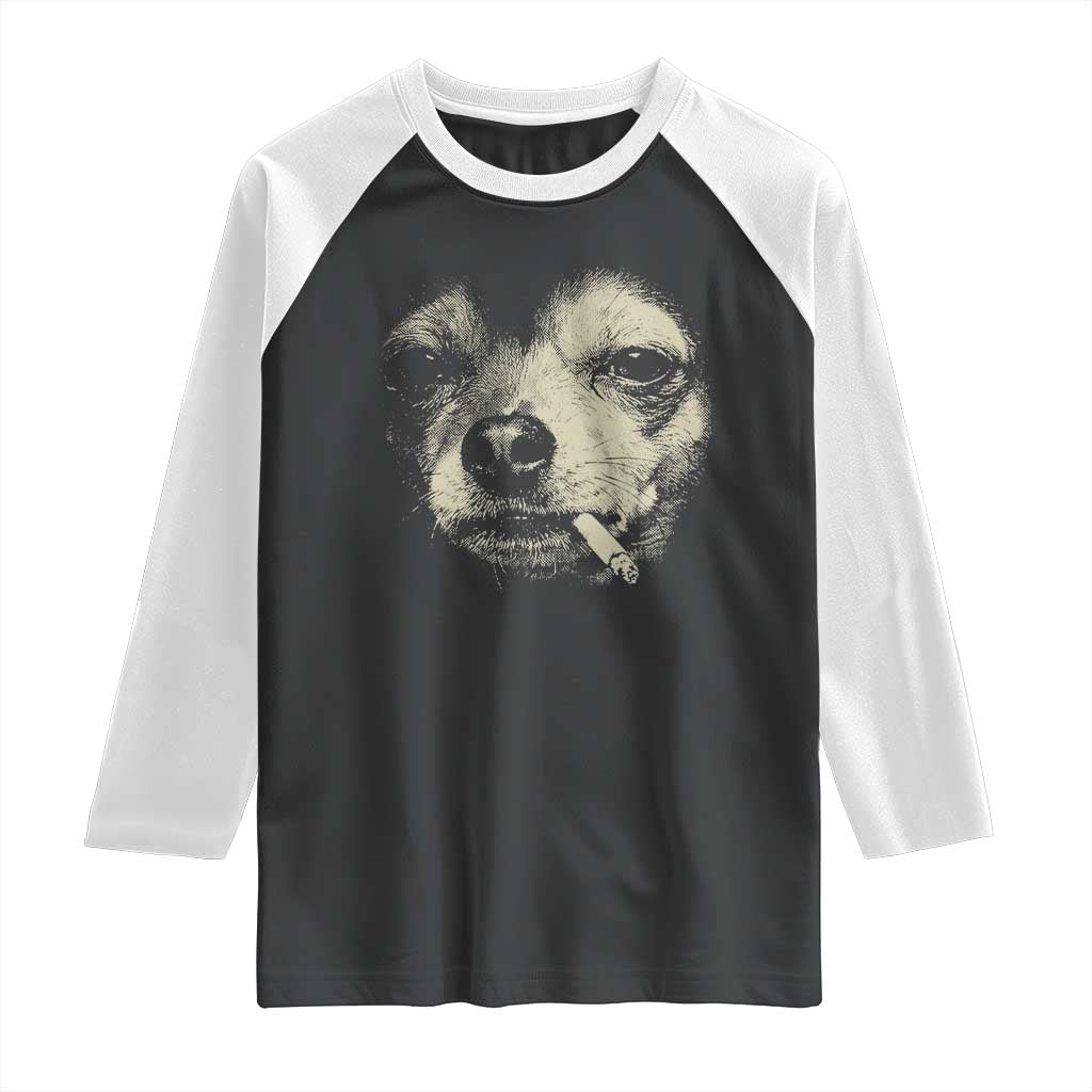 Funny Chihuahua Smoking Cigarette Meme Raglan Shirt Gritty Ironic Dog Graphic for Dark Humor Lovers TS02 Black White Print Your Wear