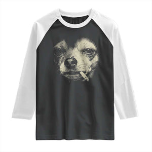 Funny Chihuahua Smoking Cigarette Meme Raglan Shirt Gritty Ironic Dog Graphic for Dark Humor Lovers TS02 Black White Print Your Wear