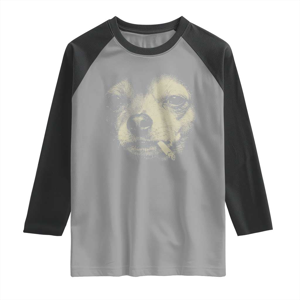Funny Chihuahua Smoking Cigarette Meme Raglan Shirt Gritty Ironic Dog Graphic for Dark Humor Lovers TS02 Sport Gray Black Print Your Wear