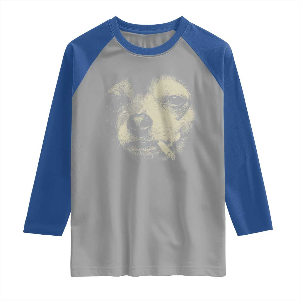 Funny Chihuahua Smoking Cigarette Meme Raglan Shirt Gritty Ironic Dog Graphic for Dark Humor Lovers TS02 Sport Gray Royal Print Your Wear
