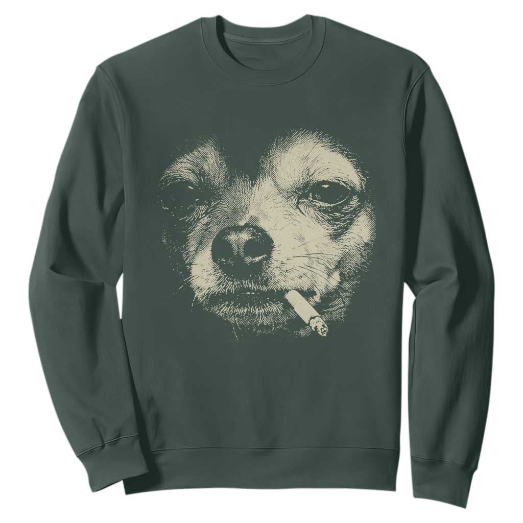 Funny Chihuahua Smoking Cigarette Meme Sweatshirt Gritty Ironic Dog Graphic for Dark Humor Lovers TS02 Dark Forest Green Print Your Wear