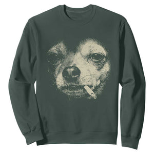 Funny Chihuahua Smoking Cigarette Meme Sweatshirt Gritty Ironic Dog Graphic for Dark Humor Lovers TS02 Dark Forest Green Print Your Wear