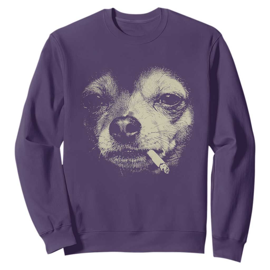 Funny Chihuahua Smoking Cigarette Meme Sweatshirt Gritty Ironic Dog Graphic for Dark Humor Lovers TS02 Purple Print Your Wear