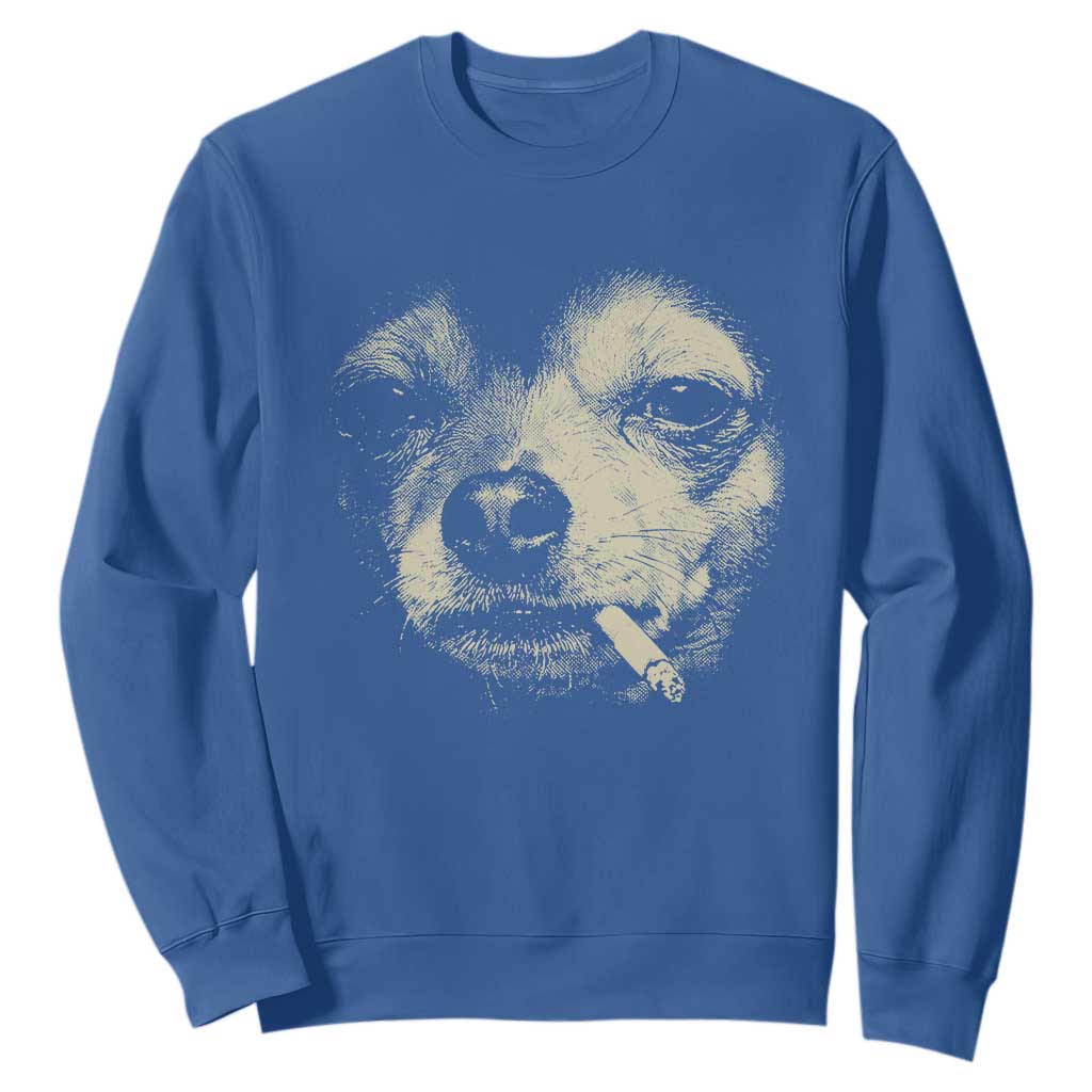 Funny Chihuahua Smoking Cigarette Meme Sweatshirt Gritty Ironic Dog Graphic for Dark Humor Lovers TS02 Royal Blue Print Your Wear