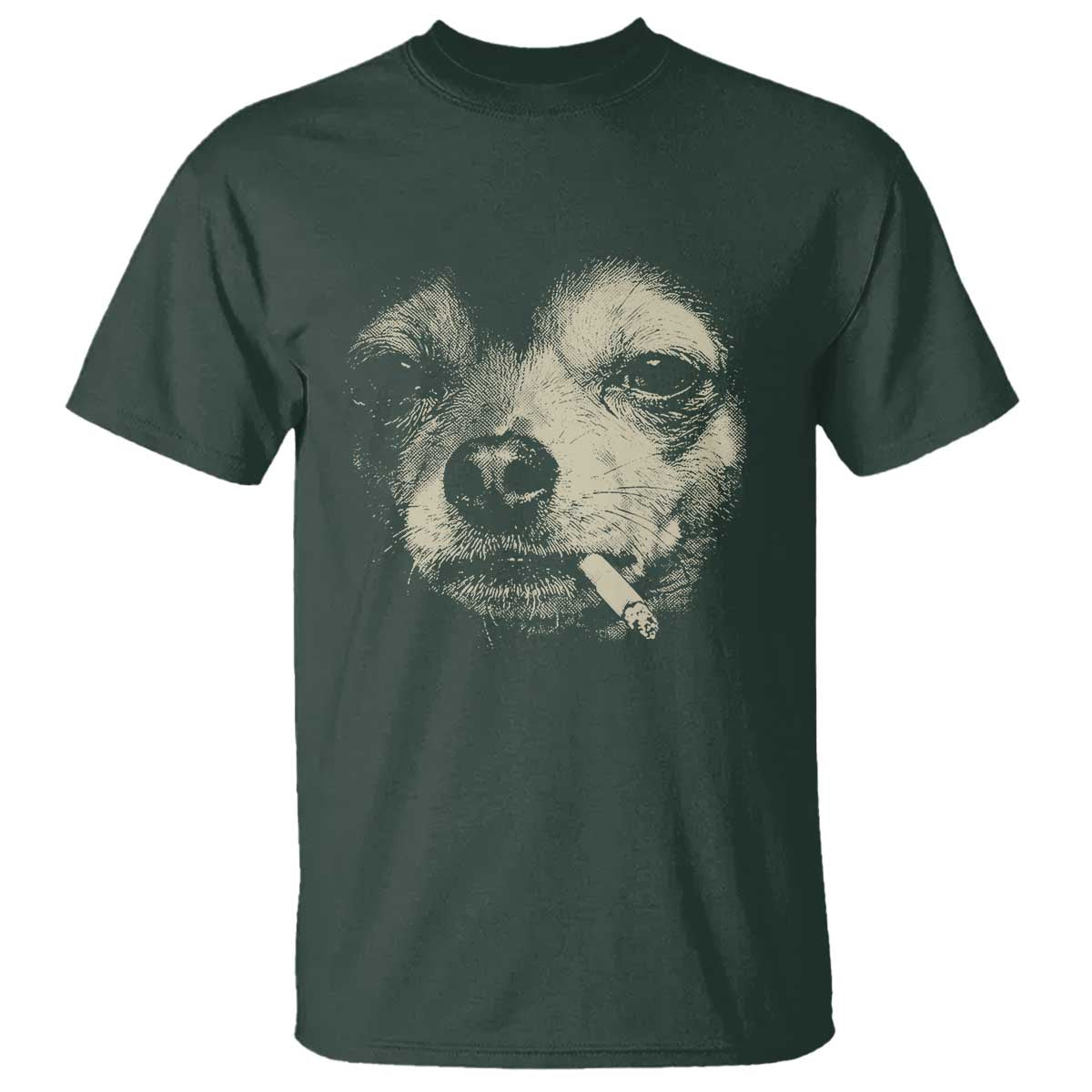 Funny Chihuahua Smoking Cigarette Meme T Shirt - Gritty Ironic Dog Graphic Dark Humor Tee TS02 Dark Forest Green Print Your Wear