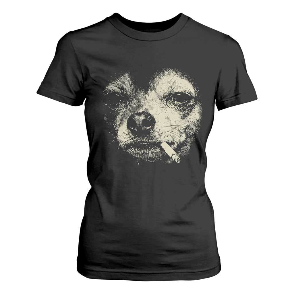 Funny Chihuahua Smoking Cigarette Meme T Shirt For Women Gritty Ironic Dog Graphic for Dark Humor Lovers TS02 Black Print Your Wear