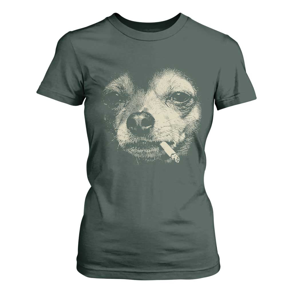 Funny Chihuahua Smoking Cigarette Meme T Shirt For Women Gritty Ironic Dog Graphic for Dark Humor Lovers TS02 Dark Forest Green Print Your Wear