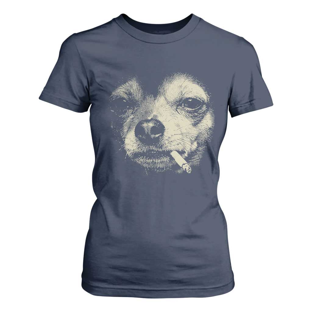 Funny Chihuahua Smoking Cigarette Meme T Shirt For Women Gritty Ironic Dog Graphic for Dark Humor Lovers TS02 Navy Print Your Wear