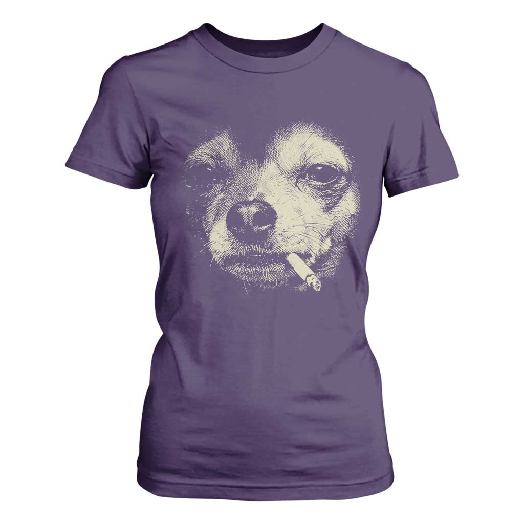 Funny Chihuahua Smoking Cigarette Meme T Shirt For Women Gritty Ironic Dog Graphic for Dark Humor Lovers TS02 Purple Print Your Wear