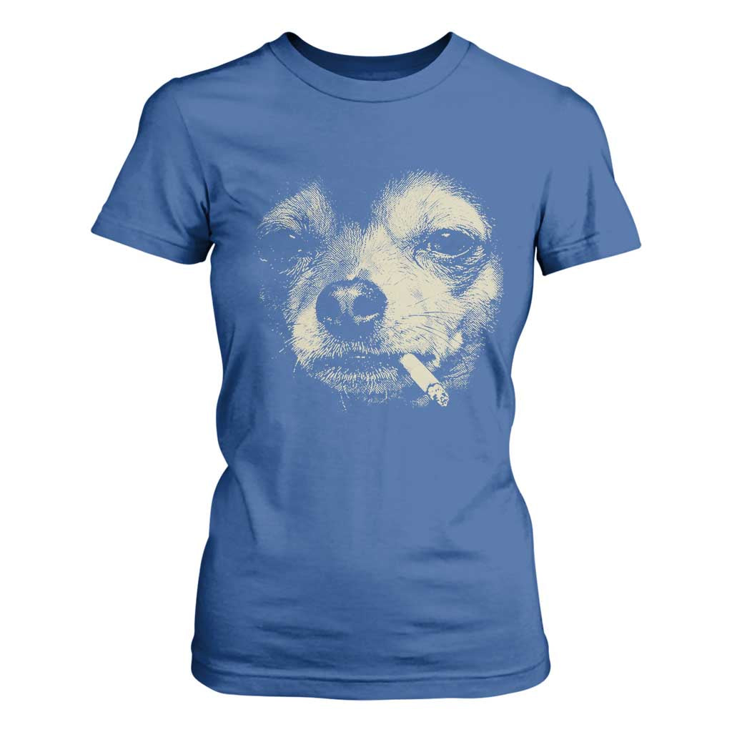 Funny Chihuahua Smoking Cigarette Meme T Shirt For Women Gritty Ironic Dog Graphic for Dark Humor Lovers TS02 Royal Blue Print Your Wear
