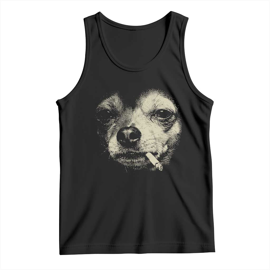 Funny Chihuahua Smoking Cigarette Meme Tank Top Gritty Ironic Dog Graphic for Dark Humor Lovers TS02 Black Print Your Wear
