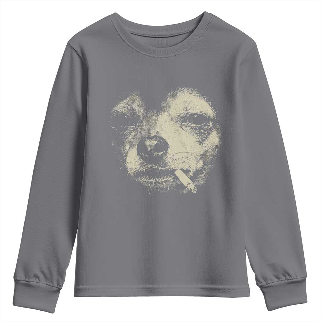 Funny Chihuahua Smoking Cigarette Meme Youth Sweatshirt Gritty Ironic Dog Graphic for Dark Humor Lovers TS02 Charcoal Print Your Wear