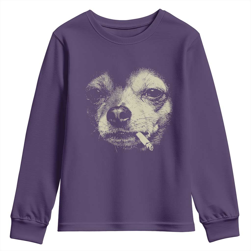 Funny Chihuahua Smoking Cigarette Meme Youth Sweatshirt Gritty Ironic Dog Graphic for Dark Humor Lovers TS02 Purple Print Your Wear