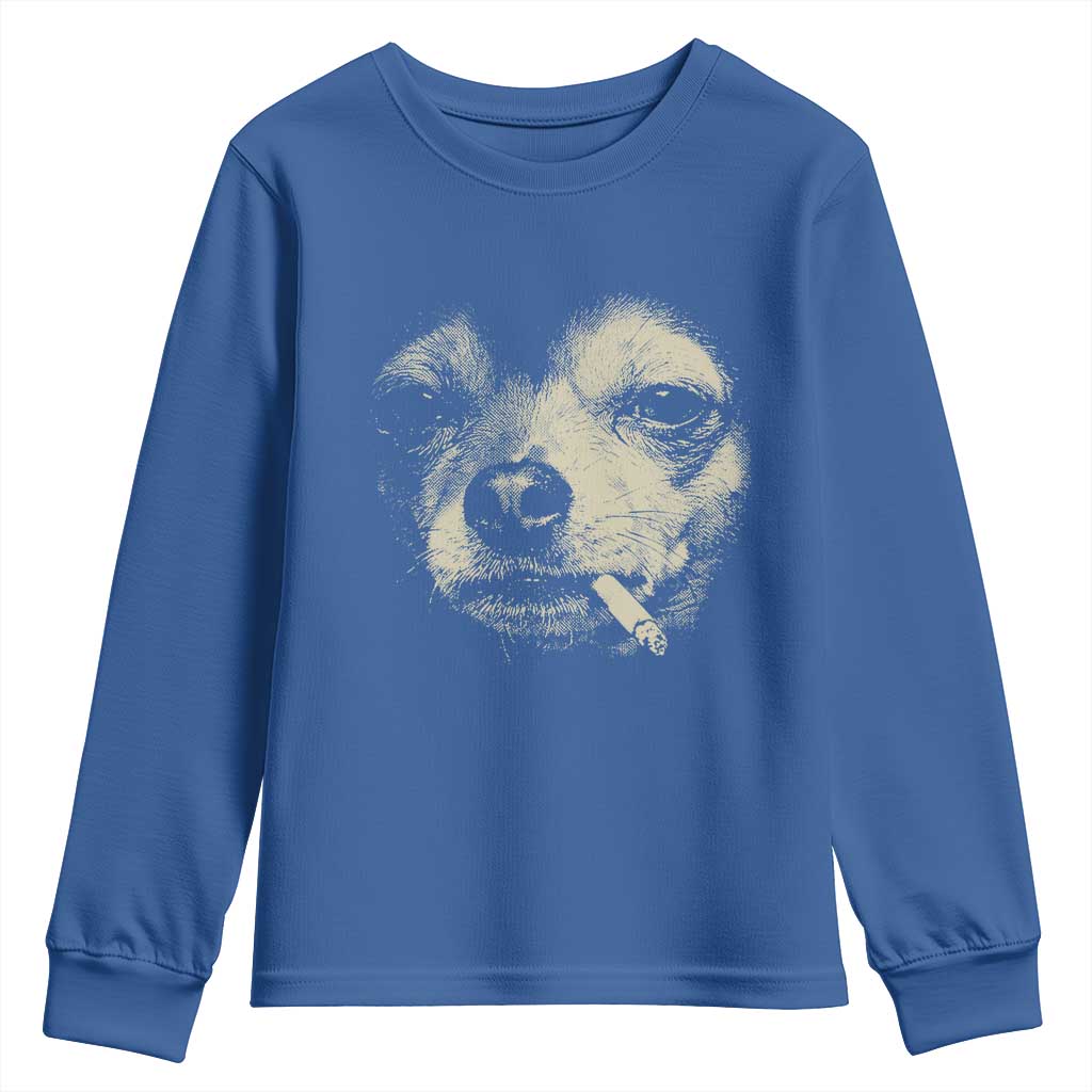 Funny Chihuahua Smoking Cigarette Meme Youth Sweatshirt Gritty Ironic Dog Graphic for Dark Humor Lovers TS02 Royal Blue Print Your Wear