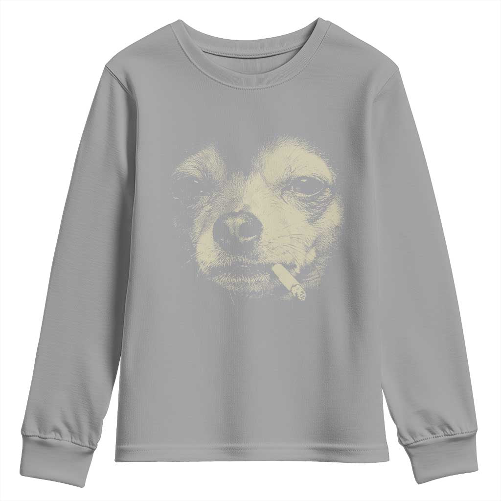 Funny Chihuahua Smoking Cigarette Meme Youth Sweatshirt Gritty Ironic Dog Graphic for Dark Humor Lovers TS02 Sport Gray Print Your Wear