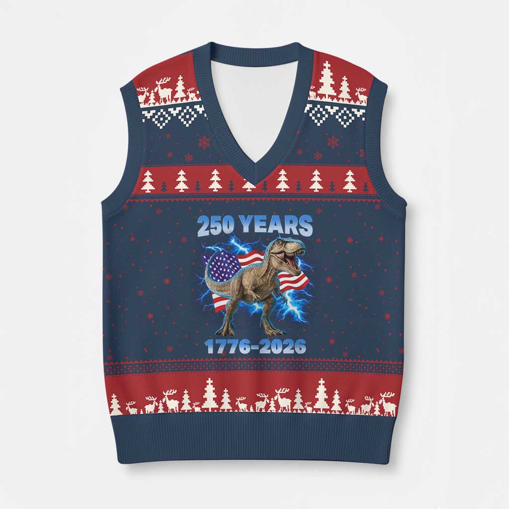 Funny Patriotic Dino Rex 250 Years 1776 2026 V-Neck Knit Sweater Vest Dinosaur USA Flag America 250th Anniversary Celebration TS02 Navy Red Print Your Wear