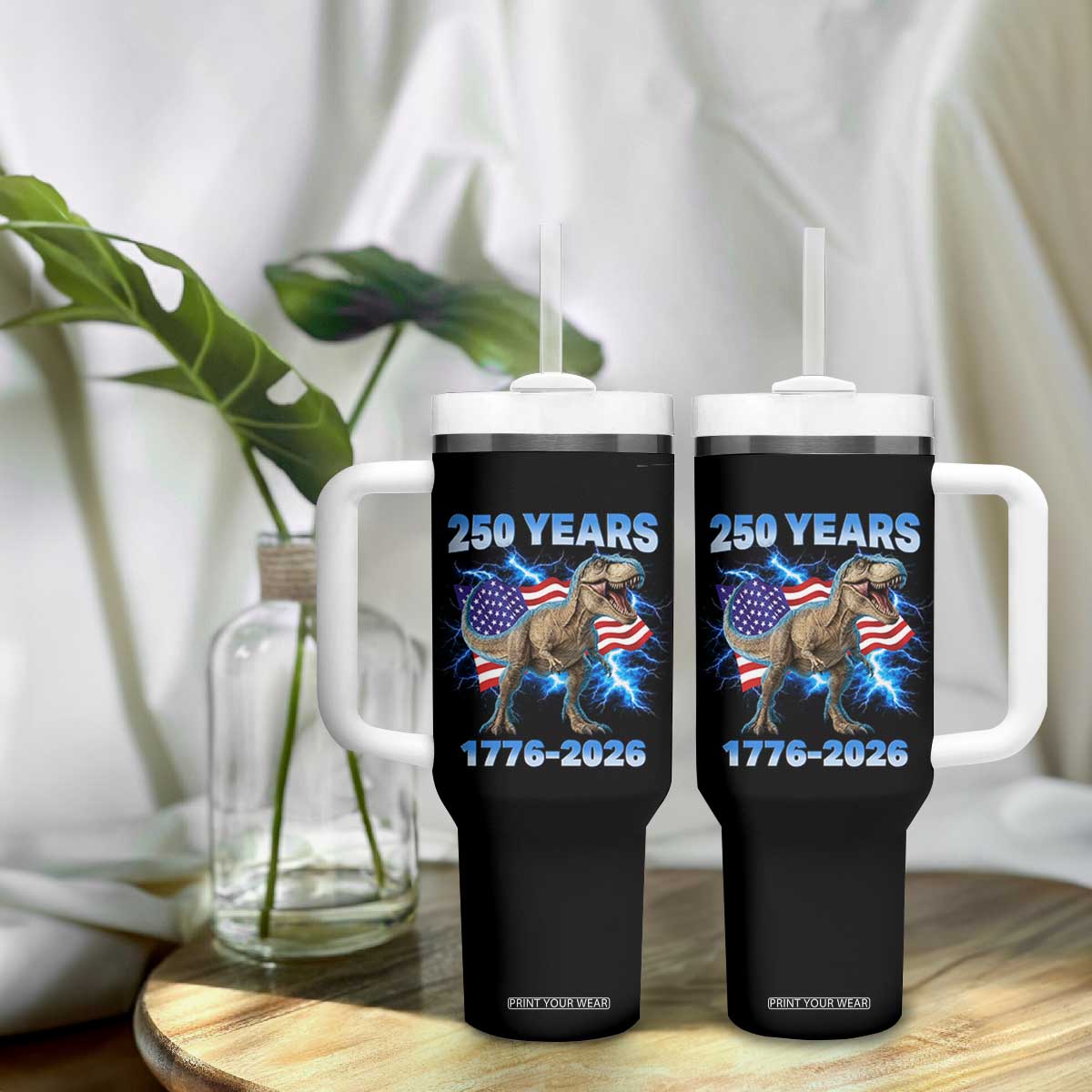 Funny Patriotic Dino Rex 250 Years 1776 2026 Tumbler With Handle Dinosaur USA Flag America 250th Anniversary Celebration TS02 Print Your Wear