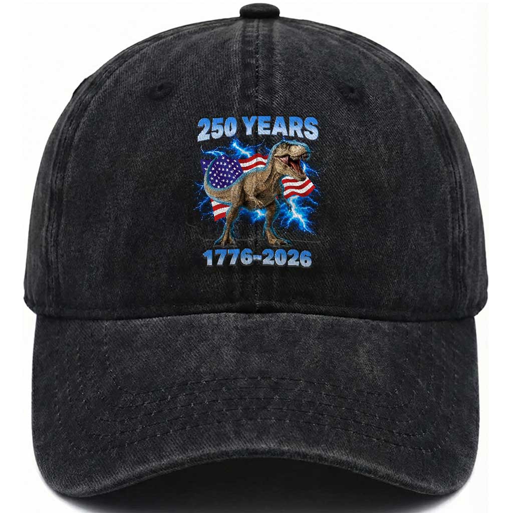 Funny Patriotic Dino Rex 250 Years 1776 2026 Washed Cotton Baseball Cap Dinosaur USA Flag America 250th Anniversary Celebration TS02 Washed Cap Universal Fit Black Print Your Wear