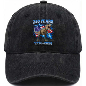 Funny Patriotic Dino Rex 250 Years 1776 2026 Washed Cotton Baseball Cap Dinosaur USA Flag America 250th Anniversary Celebration TS02 Washed Cap Universal Fit Black Print Your Wear