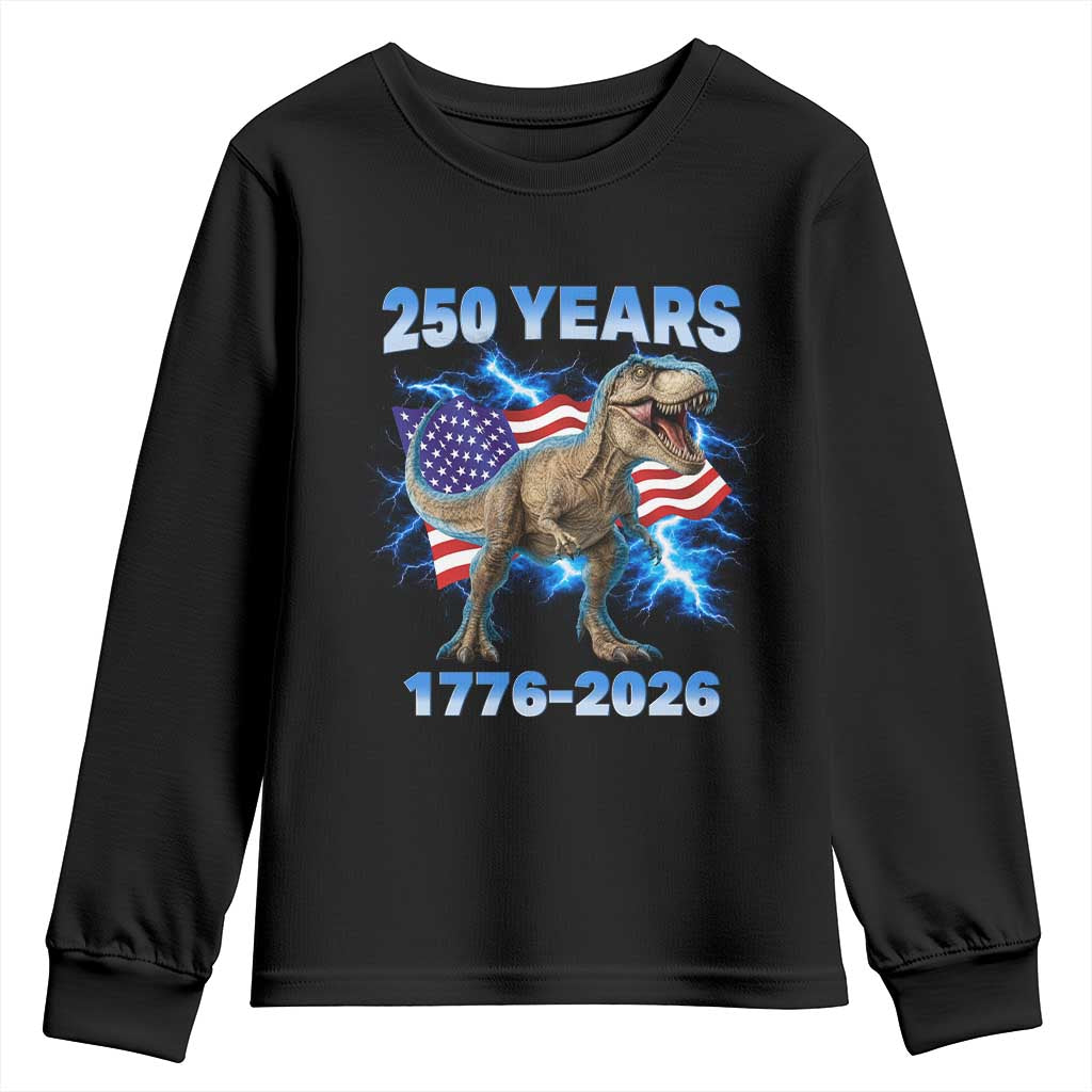 Funny Patriotic Dino Rex 250 Years 1776 2026 Youth Sweatshirt Dinosaur USA Flag America 250th Anniversary Celebration TS02 Black Print Your Wear
