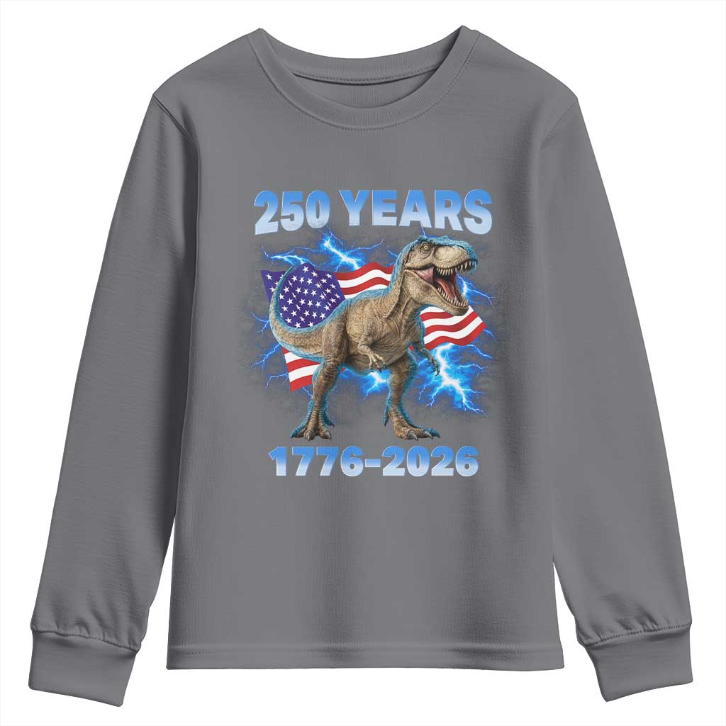 Funny Patriotic Dino Rex 250 Years 1776 2026 Youth Sweatshirt Dinosaur USA Flag America 250th Anniversary Celebration TS02 Charcoal Print Your Wear