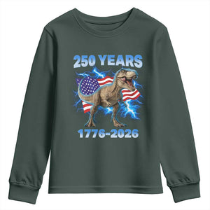 Funny Patriotic Dino Rex 250 Years 1776 2026 Youth Sweatshirt Dinosaur USA Flag America 250th Anniversary Celebration TS02 Dark Forest Green Print Your Wear