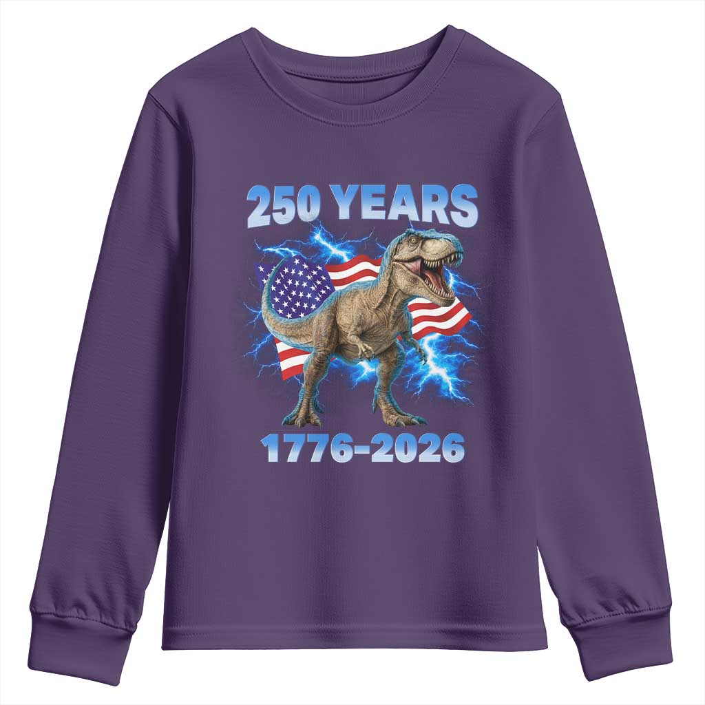 Funny Patriotic Dino Rex 250 Years 1776 2026 Youth Sweatshirt Dinosaur USA Flag America 250th Anniversary Celebration TS02 Purple Print Your Wear