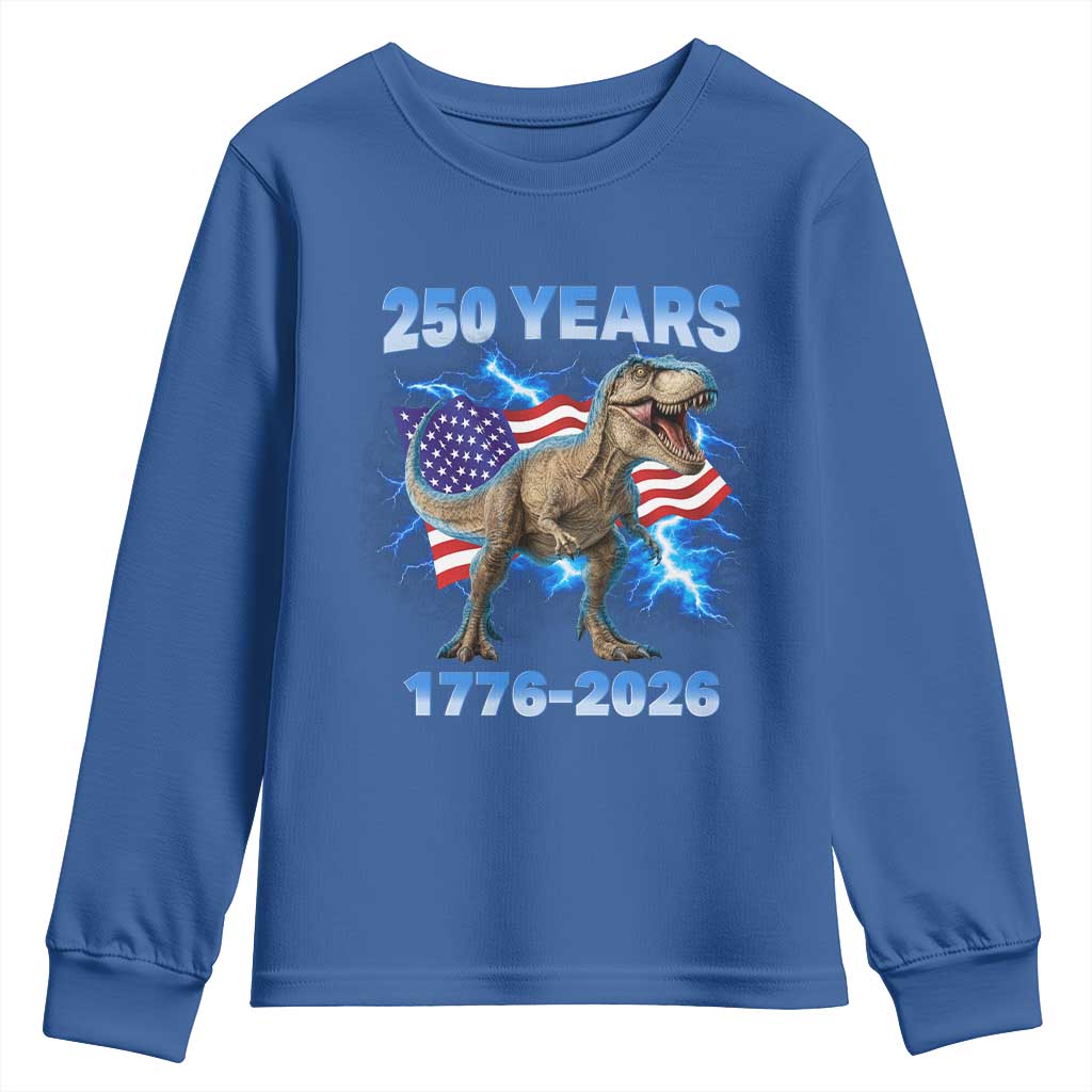 Funny Patriotic Dino Rex 250 Years 1776 2026 Youth Sweatshirt Dinosaur USA Flag America 250th Anniversary Celebration TS02 Royal Blue Print Your Wear