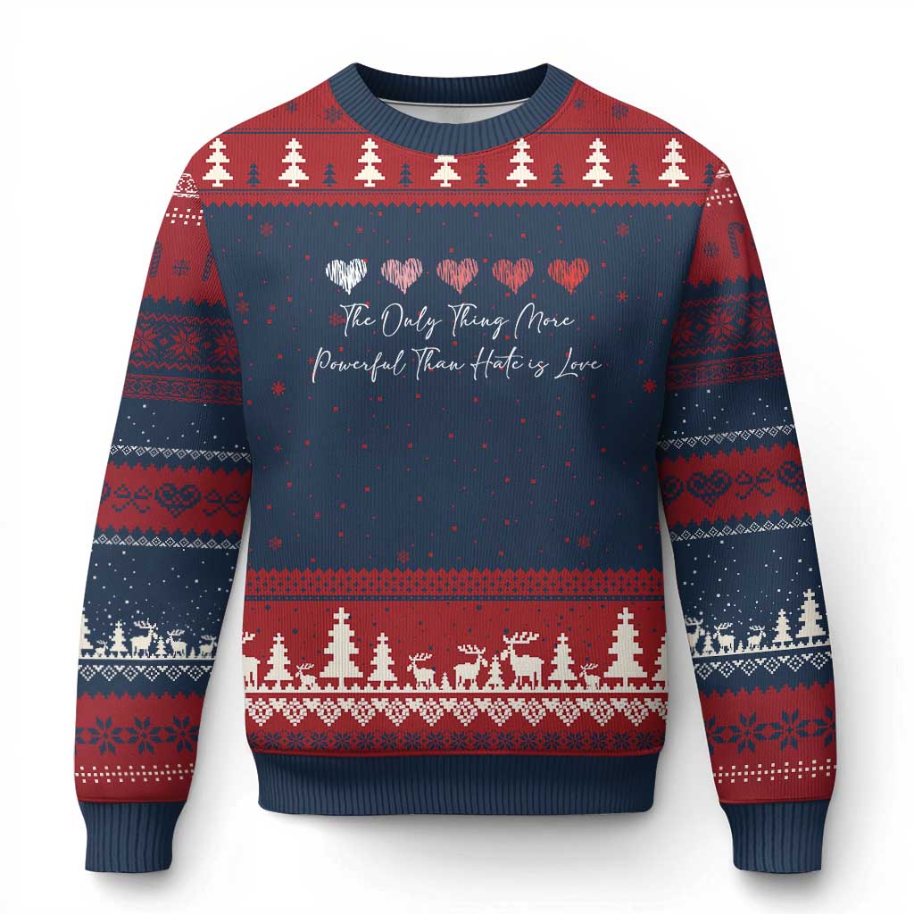 The Only Thing More Powerful Than Hate Is Love Ugly Christmas Sweater Red Hearts Elegant Bunny Inspirational Quote TS02 Navy Red Print Your Wear