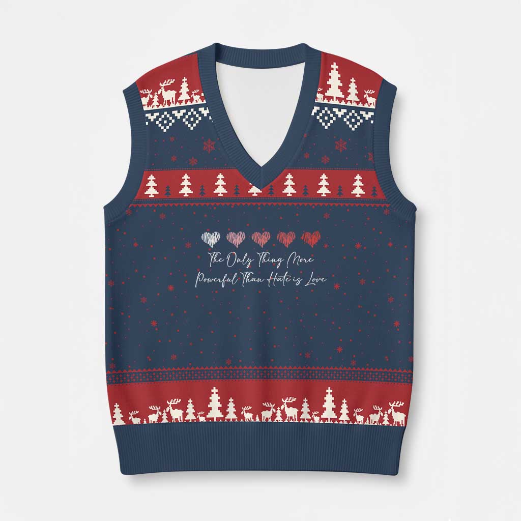 The Only Thing More Powerful Than Hate Is Love V-Neck Knit Sweater Vest Red Hearts Elegant Bunny Inspirational Quote TS02 Navy Red Print Your Wear