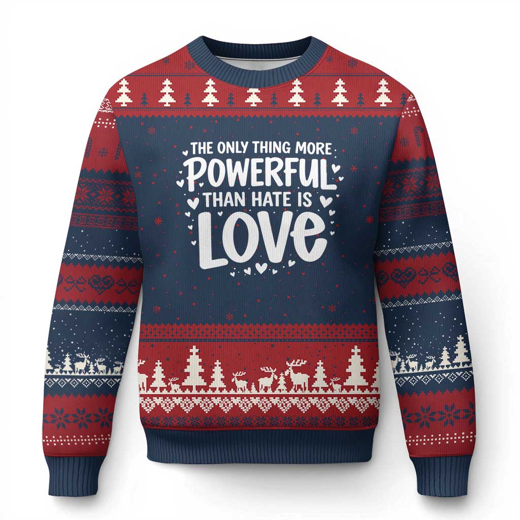 The Only Thing More Powerful Than Hate Is Love Ugly Christmas Sweater Bold Hand Lettered Bunny Inspirational Unity TS02 Navy Red Print Your Wear