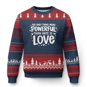 The Only Thing More Powerful Than Hate Is Love Ugly Christmas Sweater Bold Hand Lettered Bunny Inspirational Unity TS02 Navy Red Print Your Wear