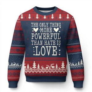 The Only Thing More Powerful Than Hate Is Love Ugly Christmas Sweater Whimsical Heart Typography Bunny Inspirational Statement TS02 Navy Red Print Your Wear