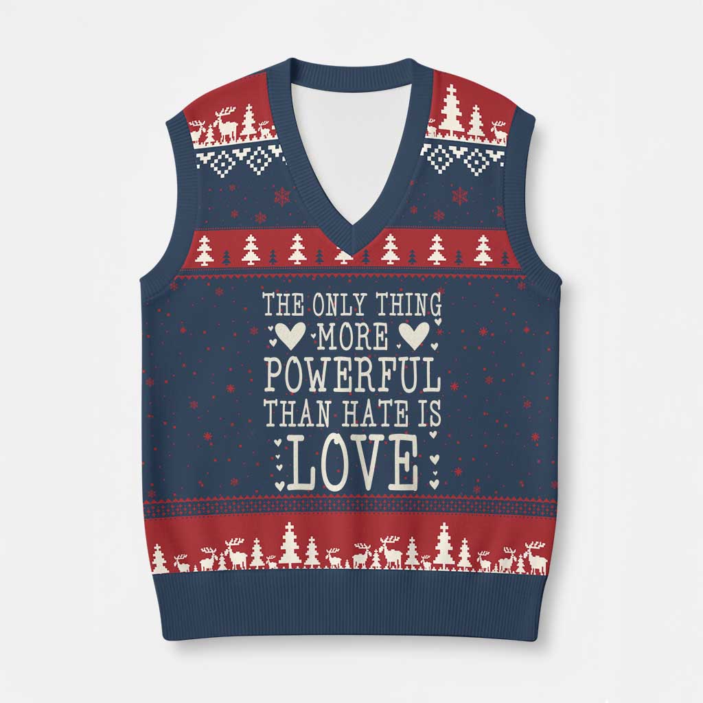 The Only Thing More Powerful Than Hate Is Love V-Neck Knit Sweater Vest Whimsical Heart Typography Bunny Inspirational Statement TS02 Navy Red Print Your Wear