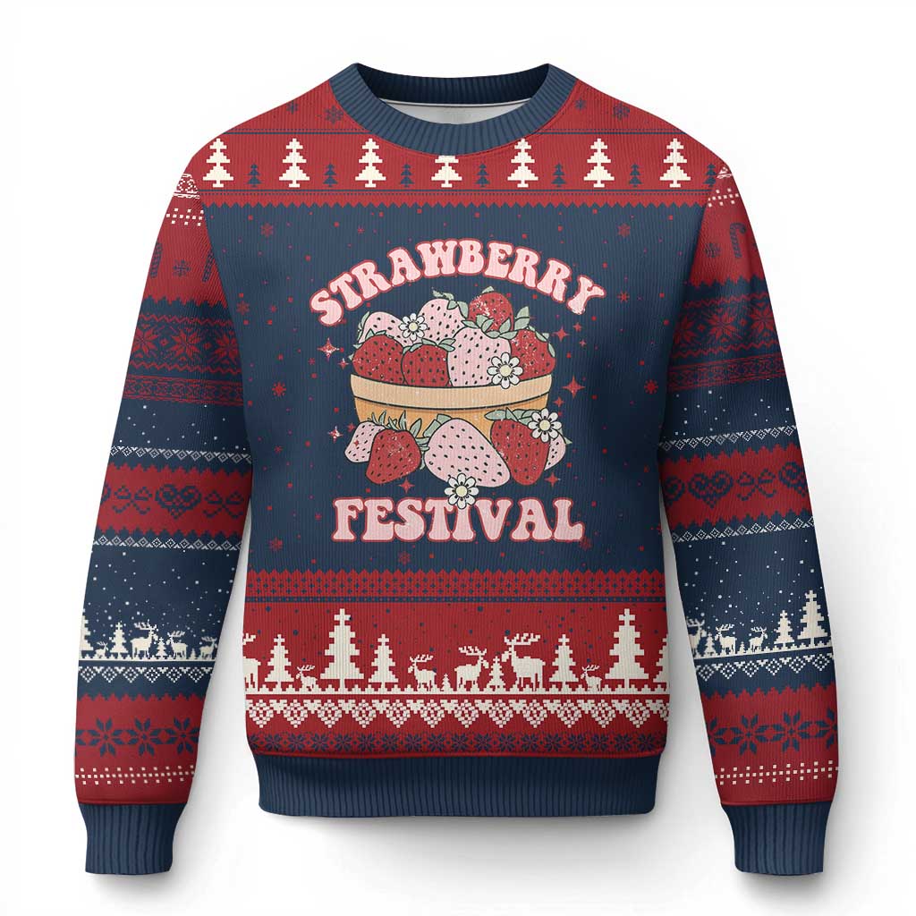 Strawberry Festival Ugly Christmas Sweater Retro Strawberries Fruit Lover TS02 Navy Red Print Your Wear
