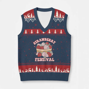Strawberry Festival V-Neck Knit Sweater Vest Retro Strawberries Fruit Lover TS02 Navy Red Print Your Wear