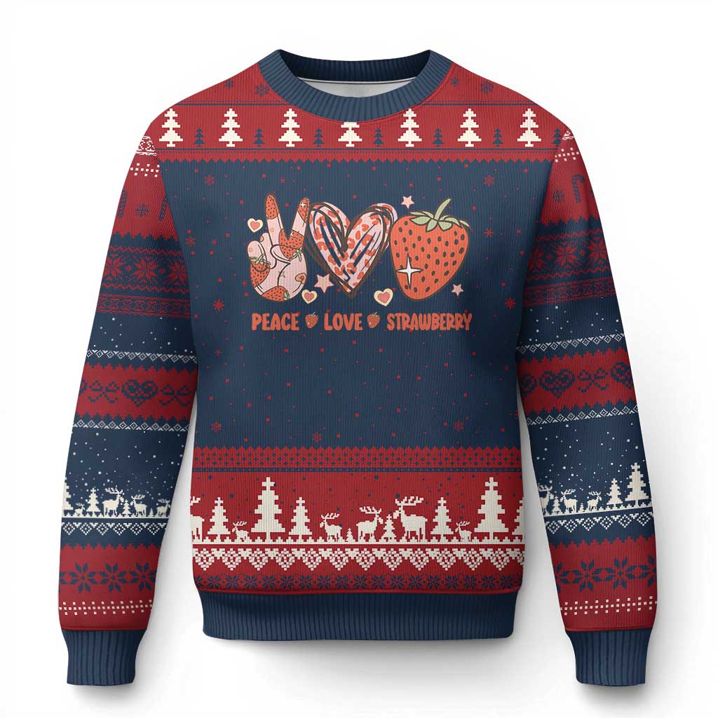 Strawberry Festival Ugly Christmas Sweater Peace Love Strawberry Cute Fruit Lover TS02 Navy Red Print Your Wear