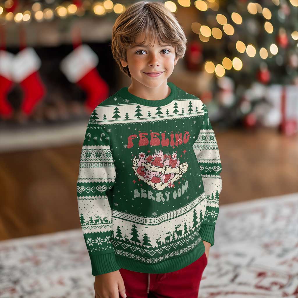 Strawberry Festival Ugly Christmas Sweater Feeling Berry Good Fruit Lover Skeleton Hand TS02 Forest Green Beige Print Your Wear
